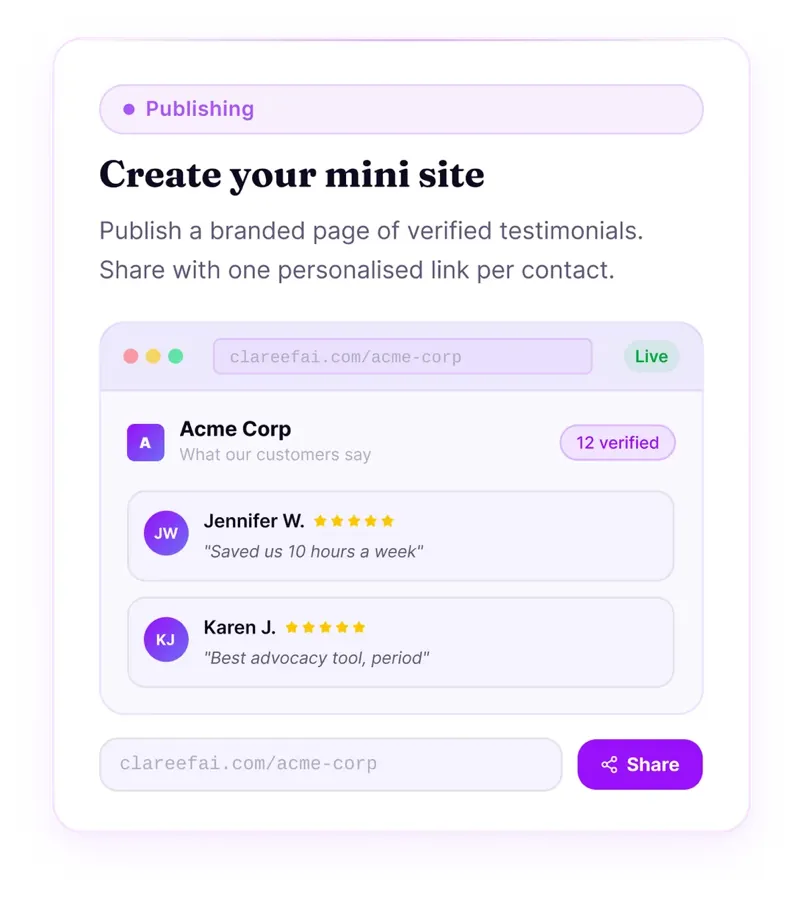 Branded mini site of verified testimonials